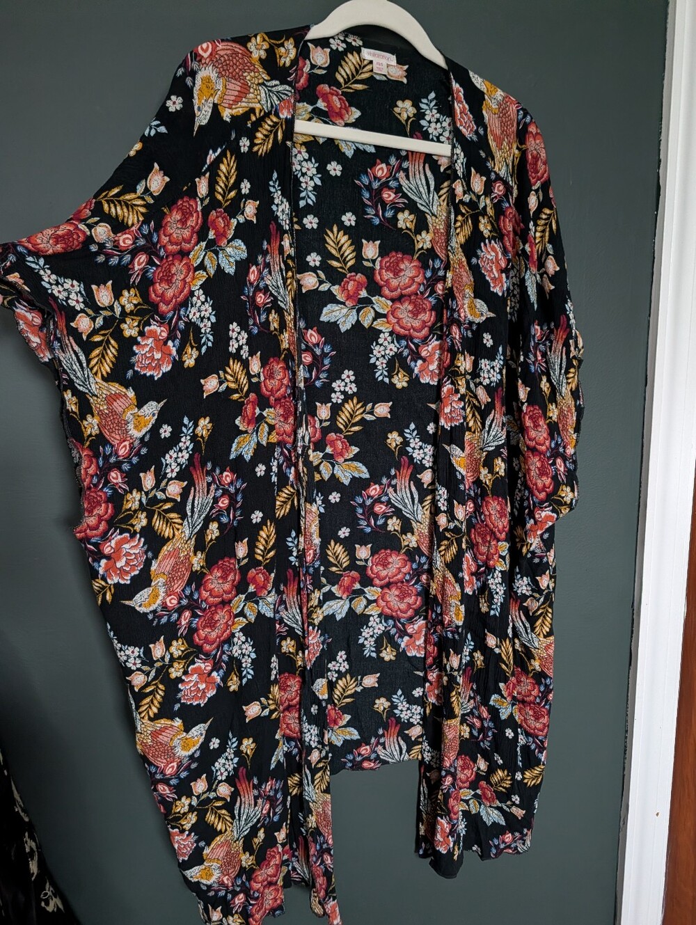 Xhilaration Black Floral Open-Front Kimono with Red and Gold Accents